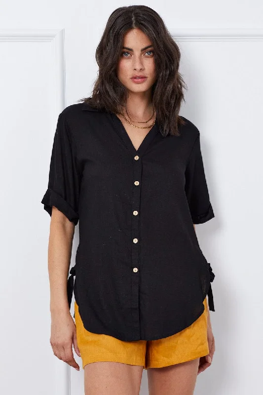 Massive Deals Black Relaxed Top Short Sleeve Linen