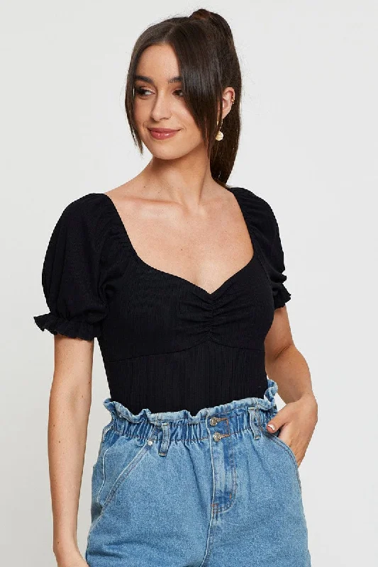Special Price Black Ruched Bodysuit Puff Sleeve