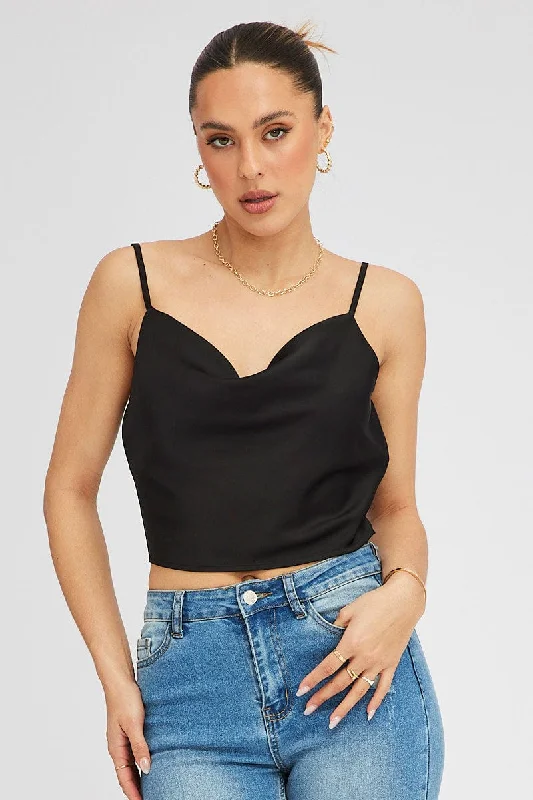 Shop and Save Black Satin Cami Sleeveless Cowl Neck