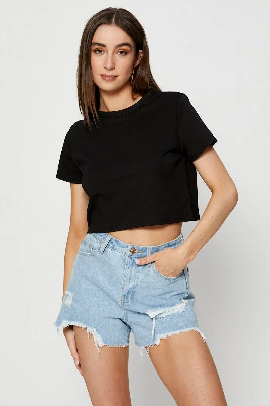 New Deals Black T Shirt Short Sleeve Crop Crew Neck Cotton