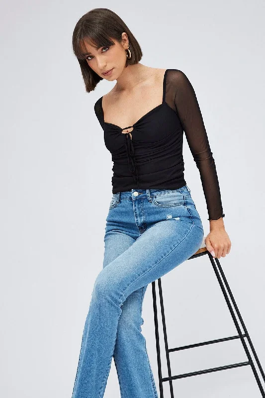 Weekend Deal Black Top Long Sleeve Sweetheart Keyhole Ruched Mesh