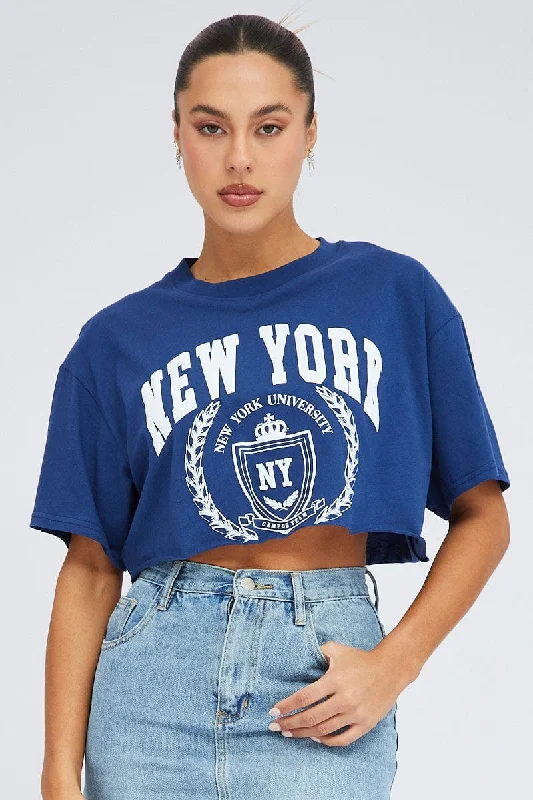 Steals and Deals Blue Crop T Shirt Short Sleeve Crew Neck New York