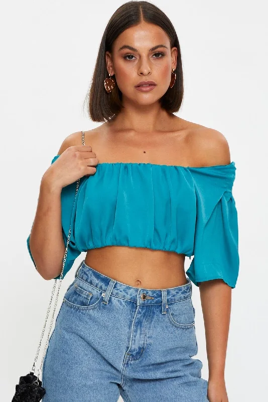 Big Savings Blue Crop Top Short Sleeve Satin