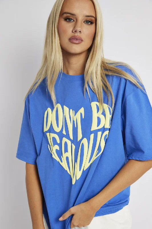 Overstock Sale Blue Graphic Tee Short Sleeve