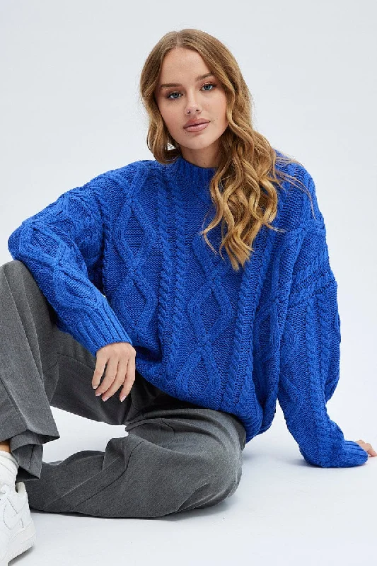 Deep Discounts Blue Oversized Knit Long Sleeve Cable