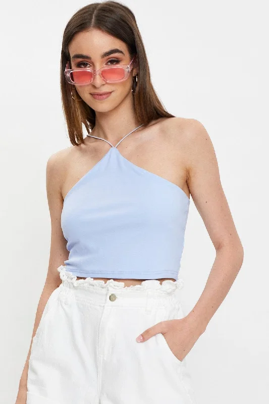 Super Sale Blue Ribbed Jersey Scarf Style Halter Neck Crop Top