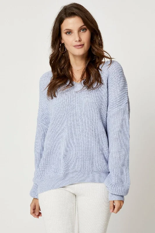 New Markdowns Blue V Neck Tie Back Knit