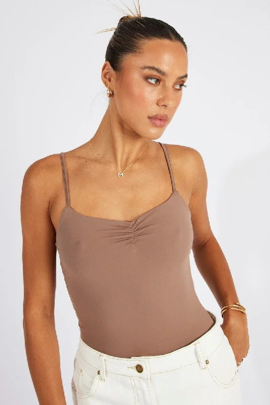 Closeout Sale Brown Bodysuit Front Ruched Supersoft