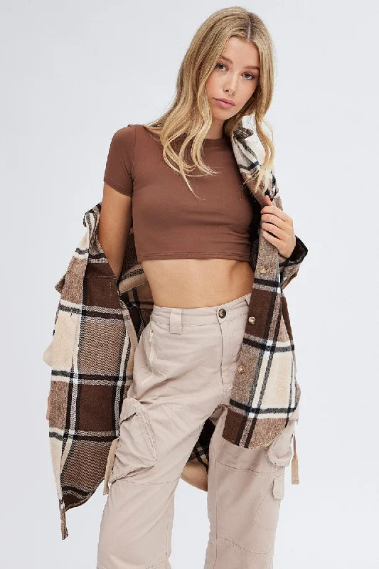 Exclusive Savings Brown Check Shirt Collar Long Sleeve Check