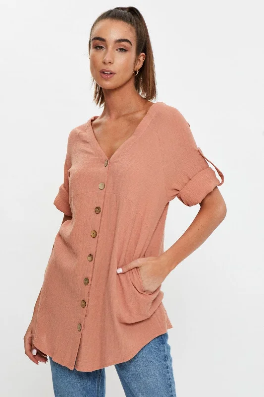 Discount Mania Brown Half Sleeve Linen Look Long Shirt Top