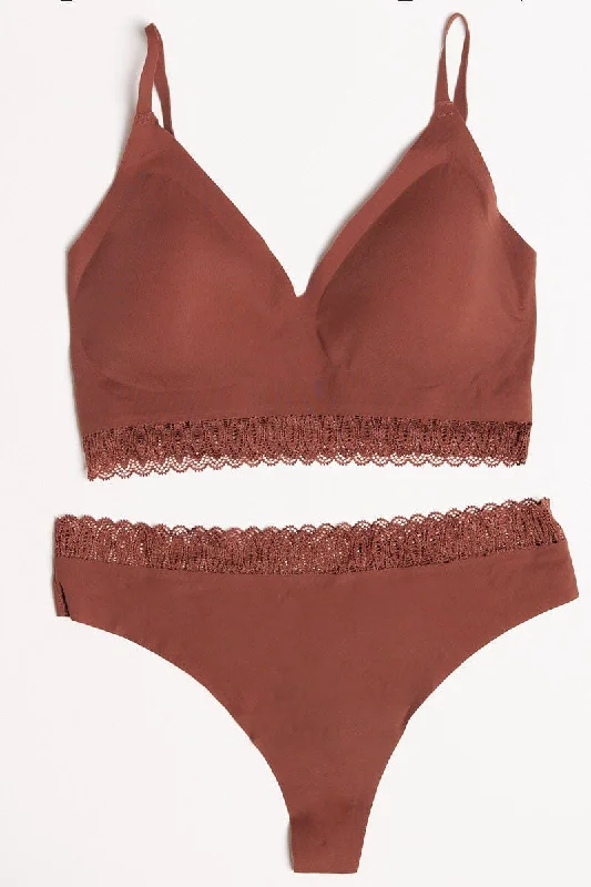 Reduced Prices Brown Lace Trim Bralette and Knickers Lingerie Set