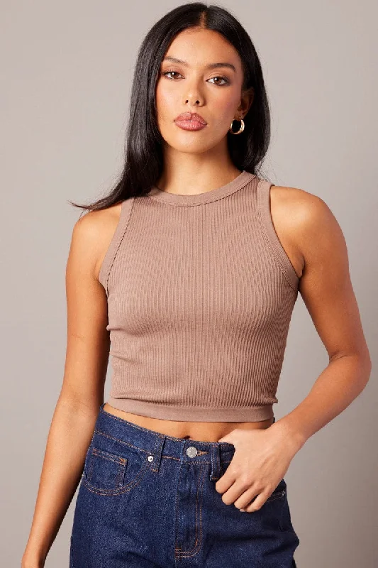 Best Seller Brown Tank Top Crew Neck Seamless