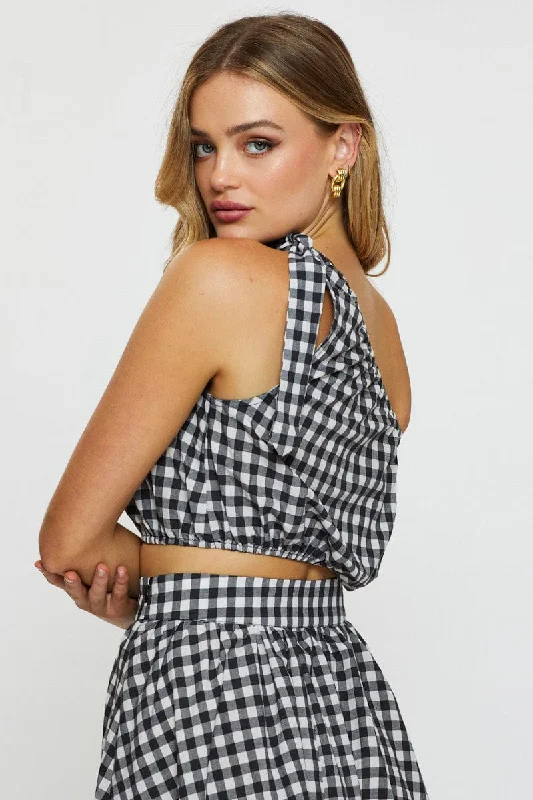 Can't Be Beat Check Crop Top One Shoulder Linen