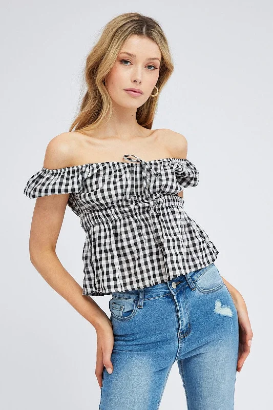 Can't Be Beat Check Peplum Top Short Sleeve Gathered Bust