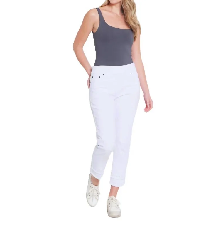 Price Reduction Eyelet & Fringe Hem Denim Ankle Jeans In White