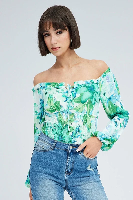 Online Specials Green Floral Bodysuit Long Sleeve Floral Print