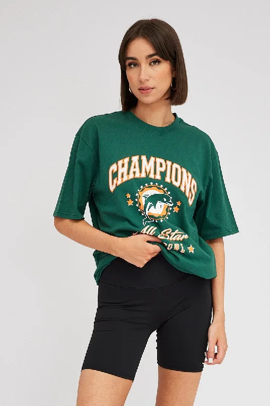 Amazing Deals Green Graphic Tee Short Sleeve Oversized Round Neck