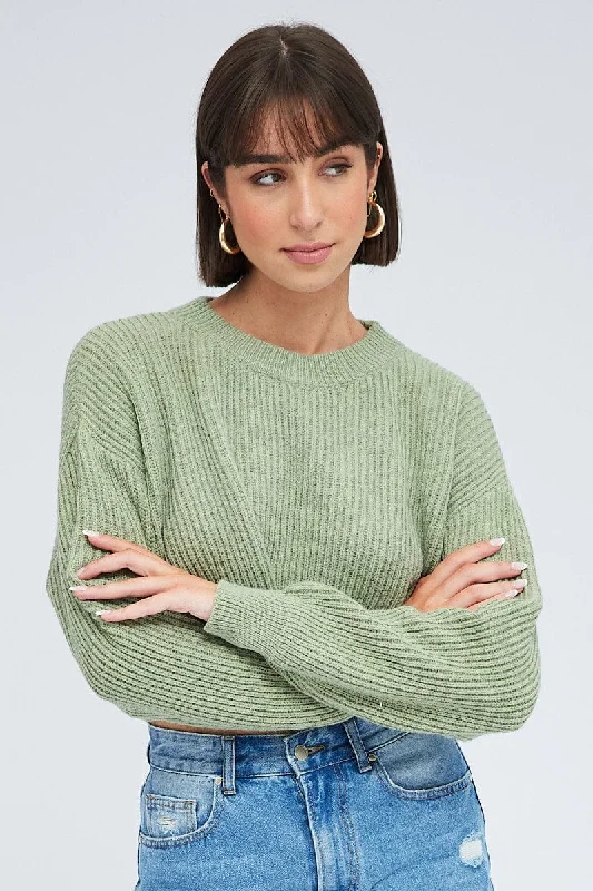 Lowest Prices Green Knit Jumper Round Neck Long Sleeve Crop