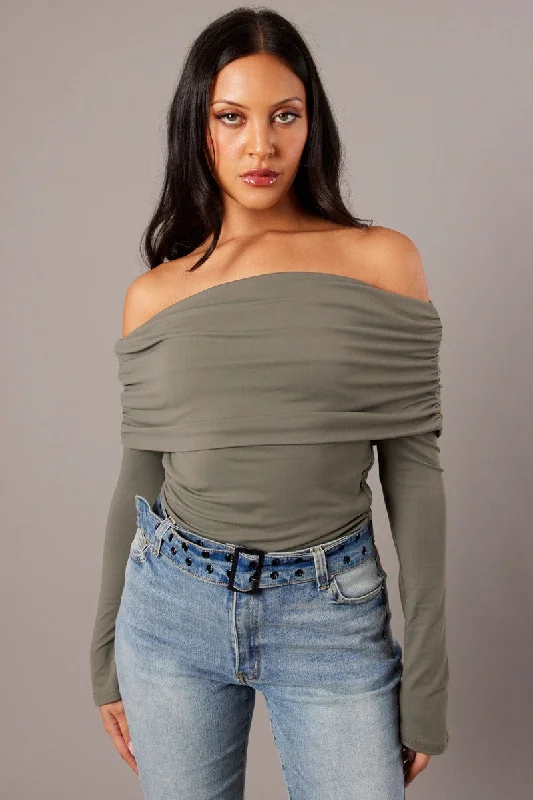 Special Promotion Green Off Shoulder Top Long Sleeve