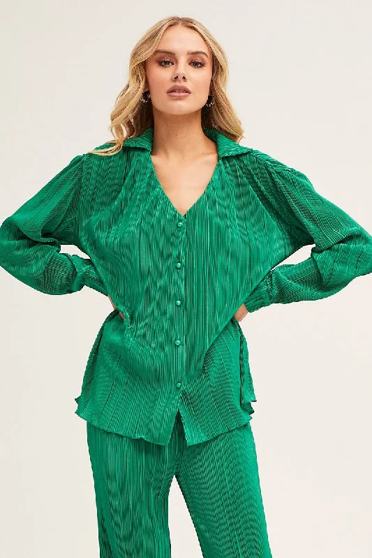 Crazy Savings Green Plisse Shirt Long Sleeve Button Front