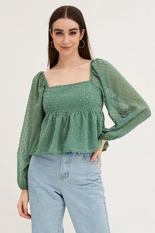 Green Puff Sleeve Peplum Top