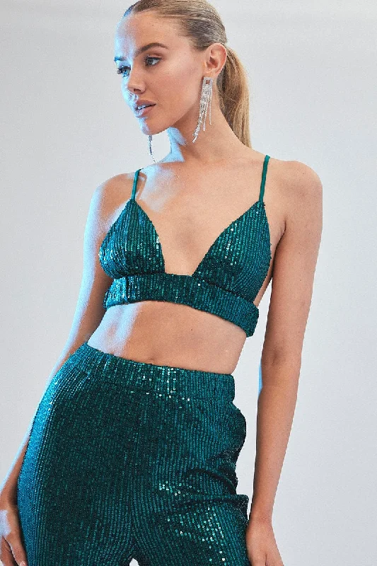 Discount Deals Green Sequin Bralette Crop Top