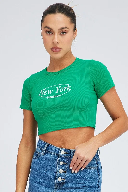 Stock Clearance Green Tee Crop Short Sleeve New York Embroidery