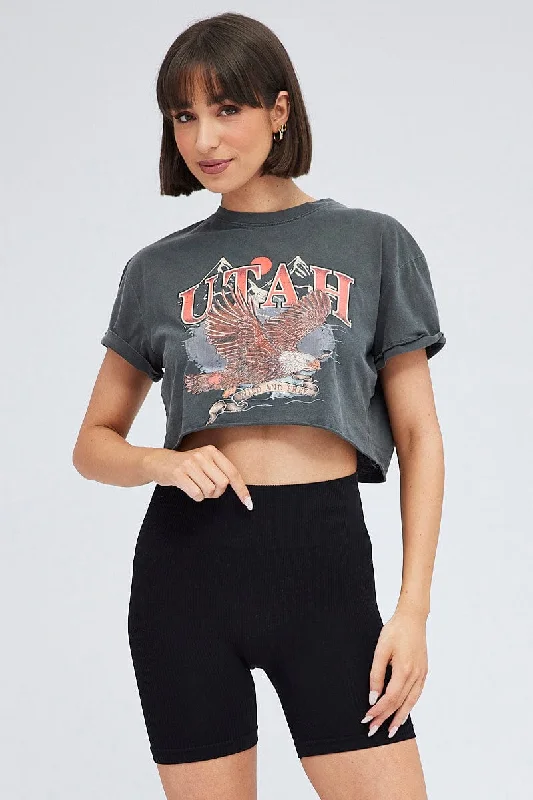 Unbeatable Prices Grey Crop Tee Short Sleeve Graphic Print