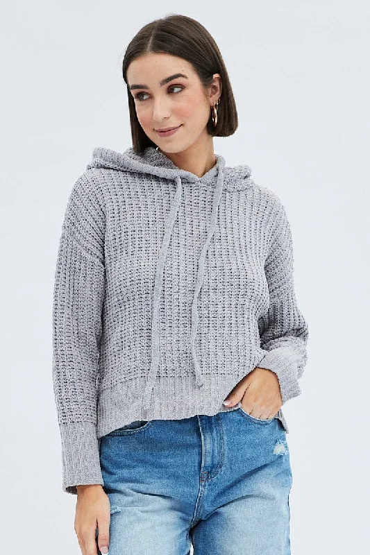 Bonus Savings Grey Knit Top Long Sleeve Hoodie