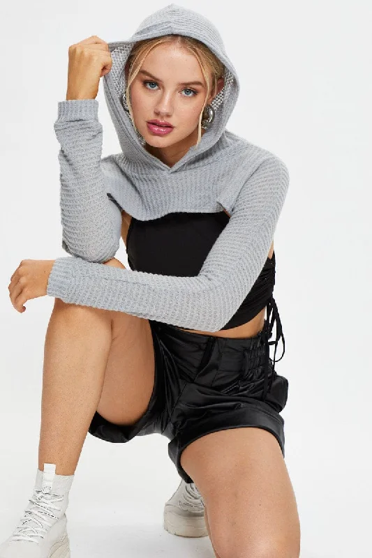 Closeout Grey Super Crop Hoodie Sweater