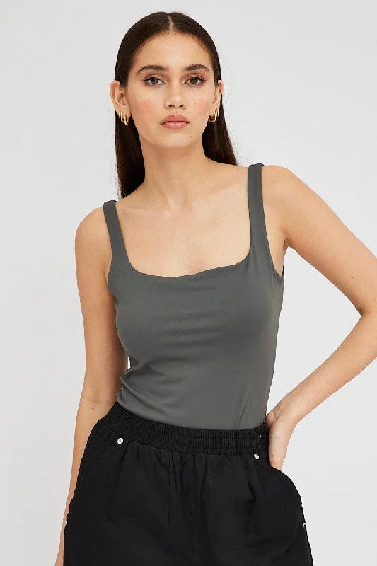 New Deals Grey Supersoft Bodysuit Sleeveless Square-Cut Neck