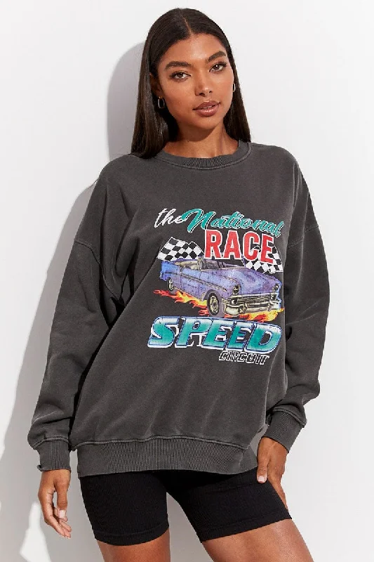Major Savings Grey Sweater Long Sleeve Round Neck Printed