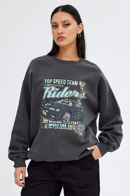 Markdowns Grey Sweater Long Sleeve Round Neck Printed