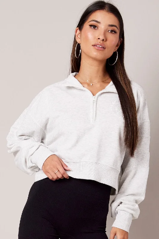 Anniversary Sale Grey Zip Up Sweater Crop Long Sleeve High Neck