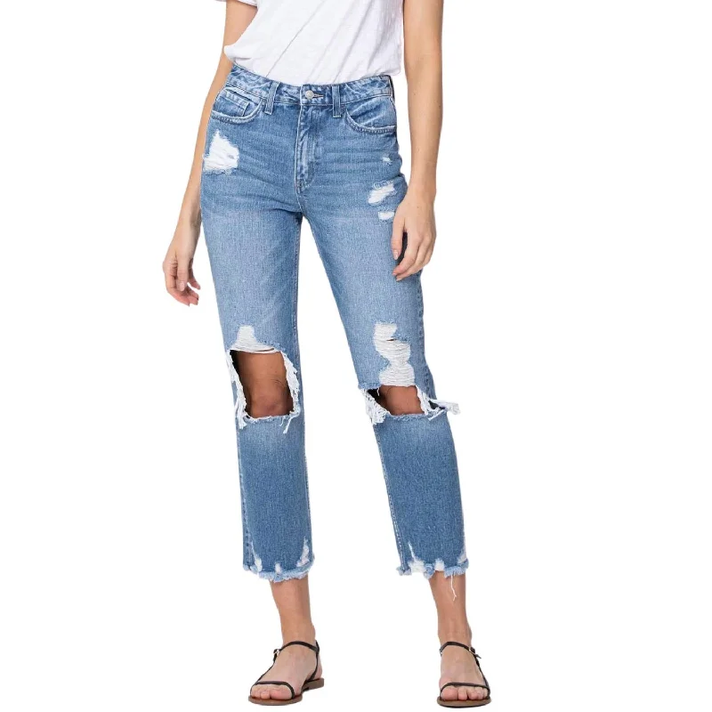 Take Advantage Let Go High Rise Tattered Straight Leg Jean In Medium Wash