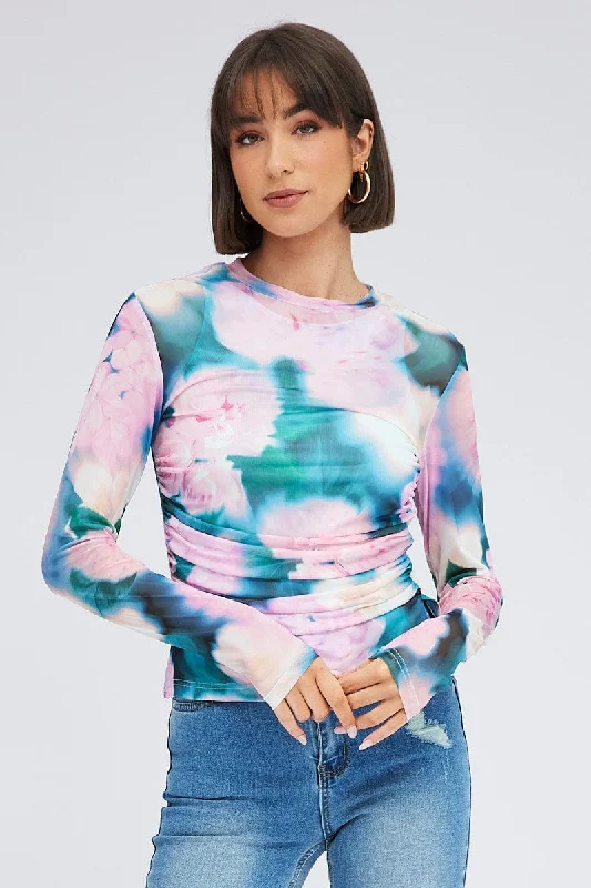 Act Now Pink Abstract Top Long Sleeve Crew Neck Longline Ruched Mesh