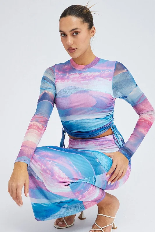 One-DAY Sale Pink Abstract Top Long Sleeve Crew Neck Print Mesh