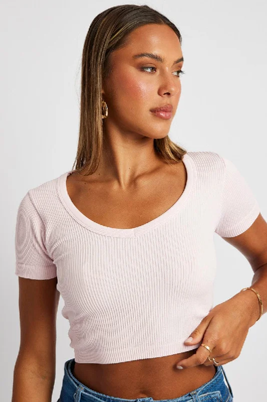 Limited Time Discount Pink Crop T Shirt Short Sleeve V Neck Seamless
