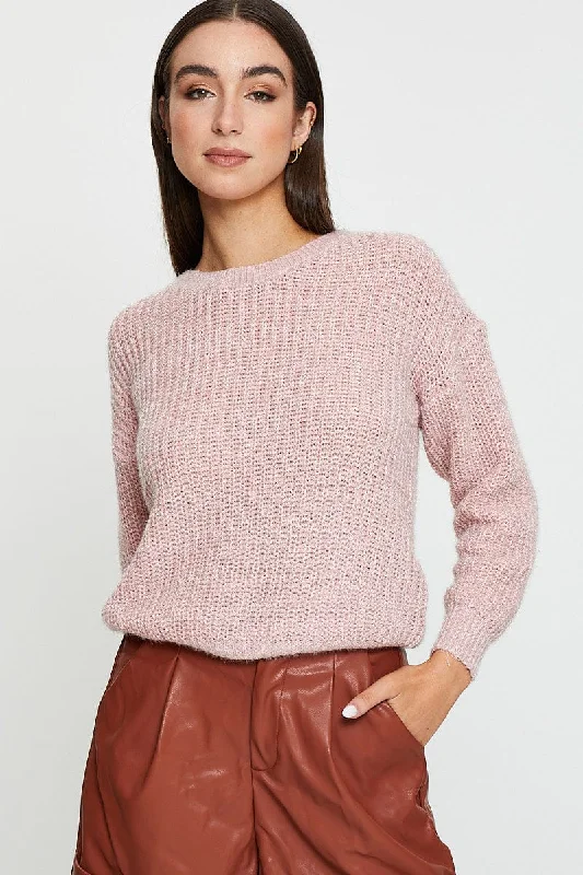 Price Cut Pink Knit Top Long Sleeve Round Neck