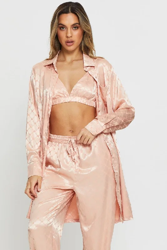 Act Now Pink Mix And Match Pyjama Shirt Satin