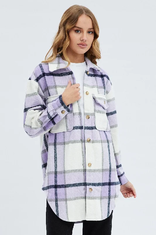 Don't Wait Purple Check Long Checked Print Jacket Long Sleeves
