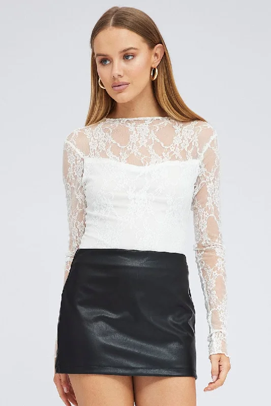 Deal of the Week White Bodysuit Long Sleeve Mock Neck Lace Jersey Lined