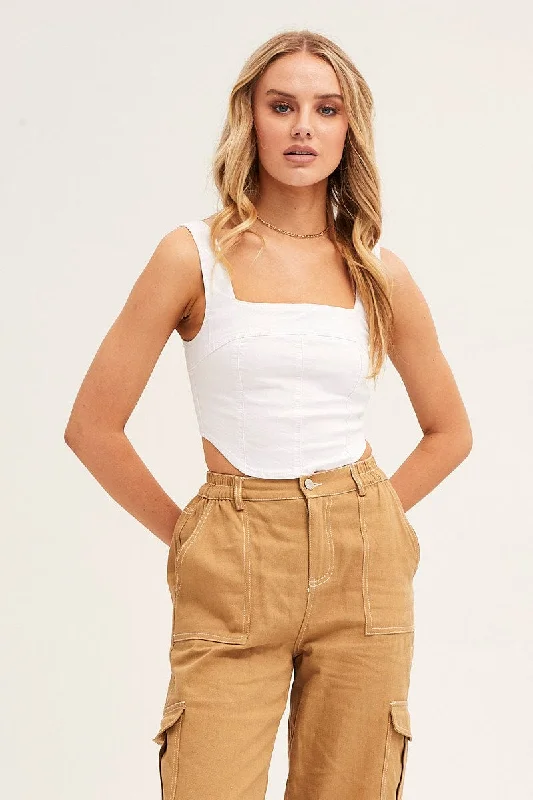 Crazy Deals White Corset Top Sleeveless Crop Stretch Denim