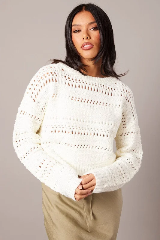Special Savings White Crochet Jumper Long Sleeve Crew Neck