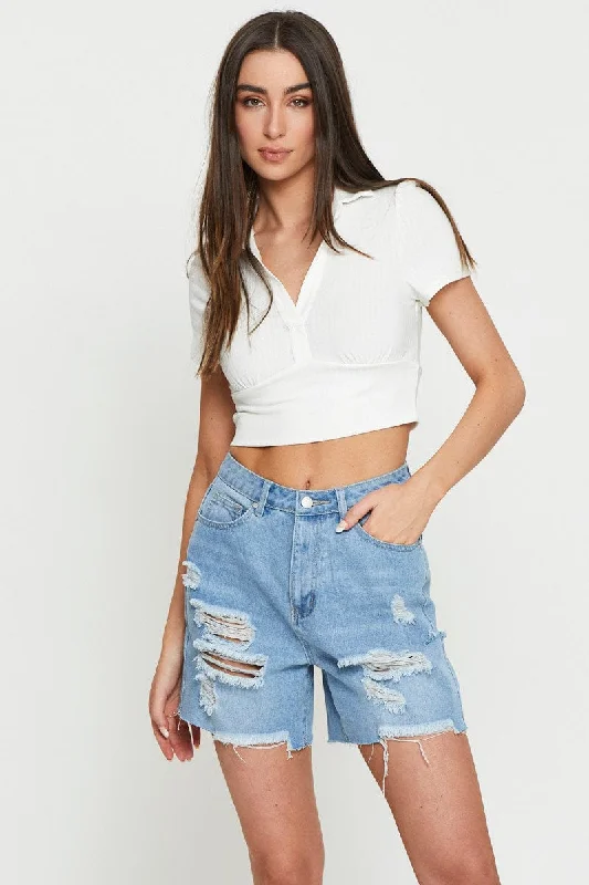 Special Discount White Crop T Shirt Short Sleeve Collared
