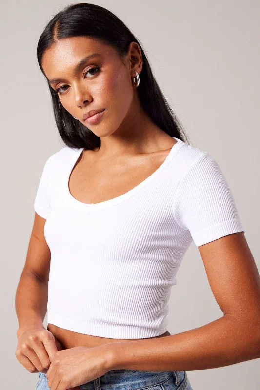 Loyalty Reward White Crop T Shirt Short Sleeve V Neck Seamless