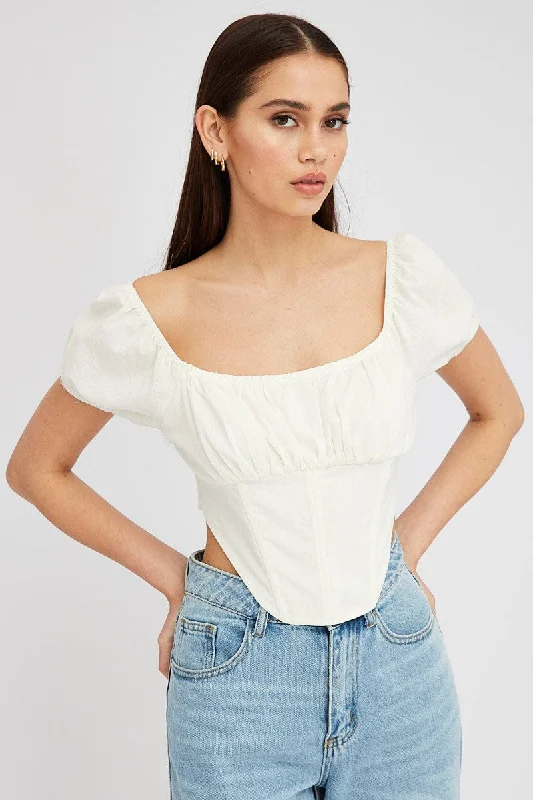 Reduced Prices White Crop Top Short Sleeve Square Neck