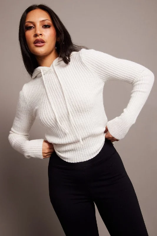 Special Price White Knit Top Long Sleeve Hoodie