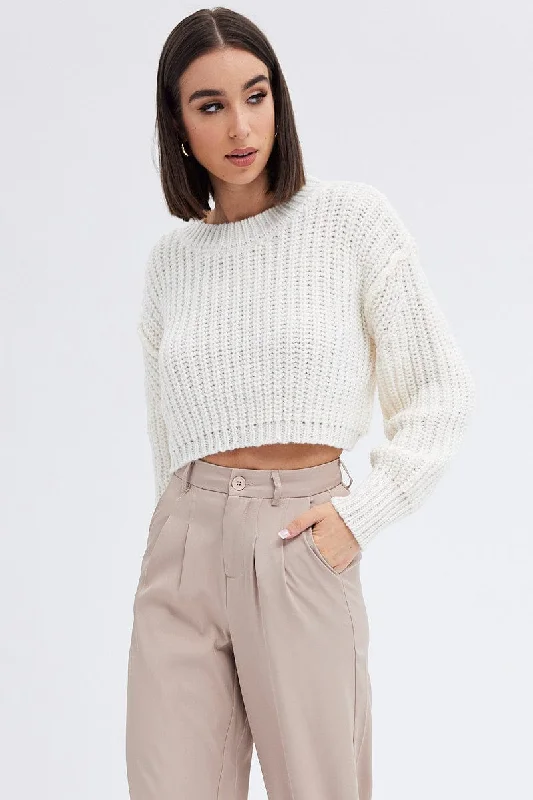 Early Access White Knit Top Round Neck Long Sleeve Crop