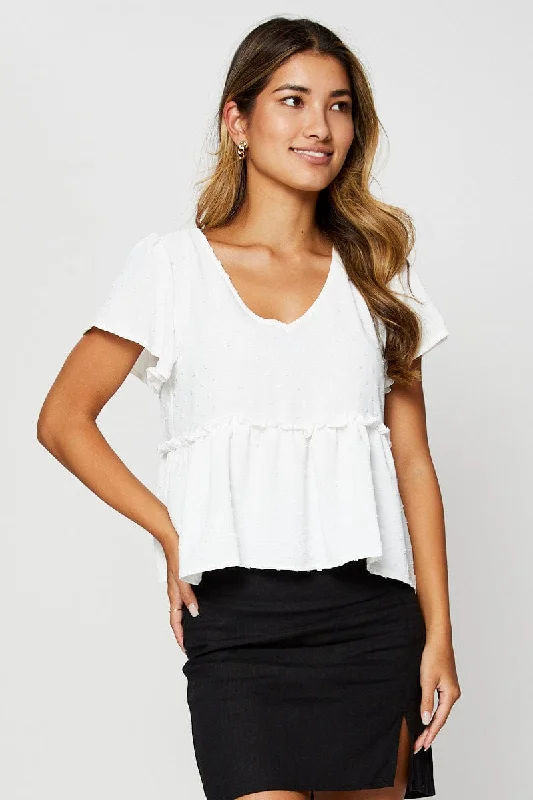 Blowout Deals White Peplum Top Short Sleeve Button Front